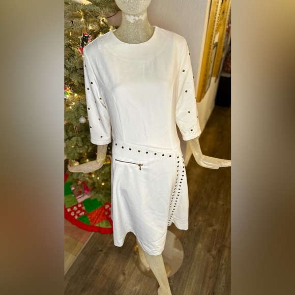 Wrong Side of Right White Long Sleeve Dress w/ Gold Studs. Size Large - Picture 1 of 15